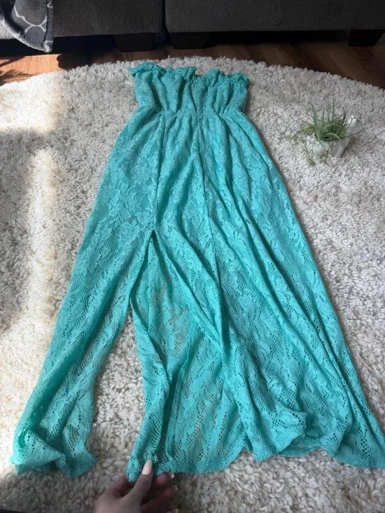 Speechless strapless y2k, vintage slotted Lace Maxi Dress in Aqua Blue - Picture 4 of 7